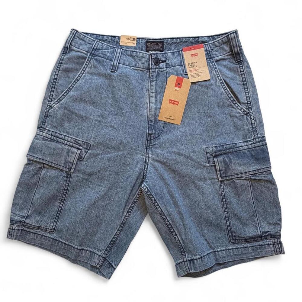 Levi's carrier cargo lightweight blue denim shorts 100% cotton sits below your w